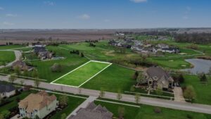 Aerial view of 7633 Fairway Drive Yorkville IL — 0.76-acre golf course homesite backing to Whitetail Ridge fairway